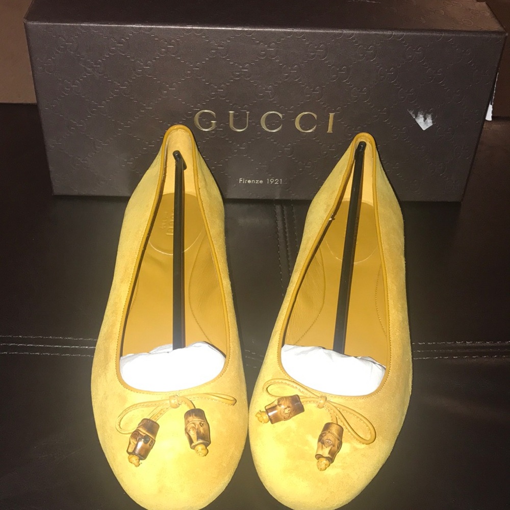 Gucci Yellow Suede Bamboo Bow Ballet Flat 39 NIB